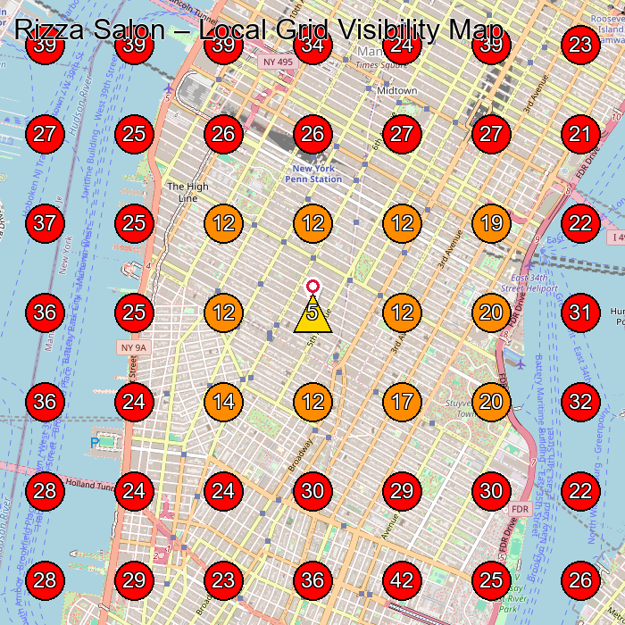 Rizza Salon GeoGrid visibility map for Beauty Salon in New York